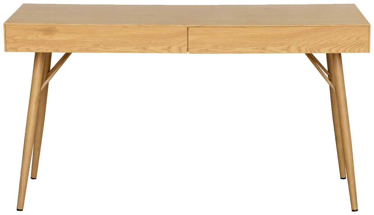Moderner Schreibtisch aus Holz mit zwei Schubladen, frontal betrachtet.