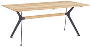 Moderner Esstisch aus Holz mit schwarzem Metallgestell, seitliche Perspektive