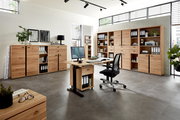 Moderne Büromöbel in einem hellen Raum mit großen Fenstern, bestehend aus einem Schreibtisch mit Rollcontainer, mehreren Aktenschränken und Regalen aus Holz. Perspektive: Frontalansicht.