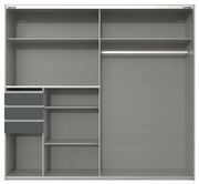 Innenansicht eines zweitürigen Schwebetürenschranks mit mehreren Regalböden, Schubladen und einer Kleiderstange, frontal betrachtet.