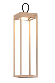 Moderne Akku-Tischleuchte von Dieter Knoll in rechteckiger Form mit warmem Licht, seitliche Perspektive.