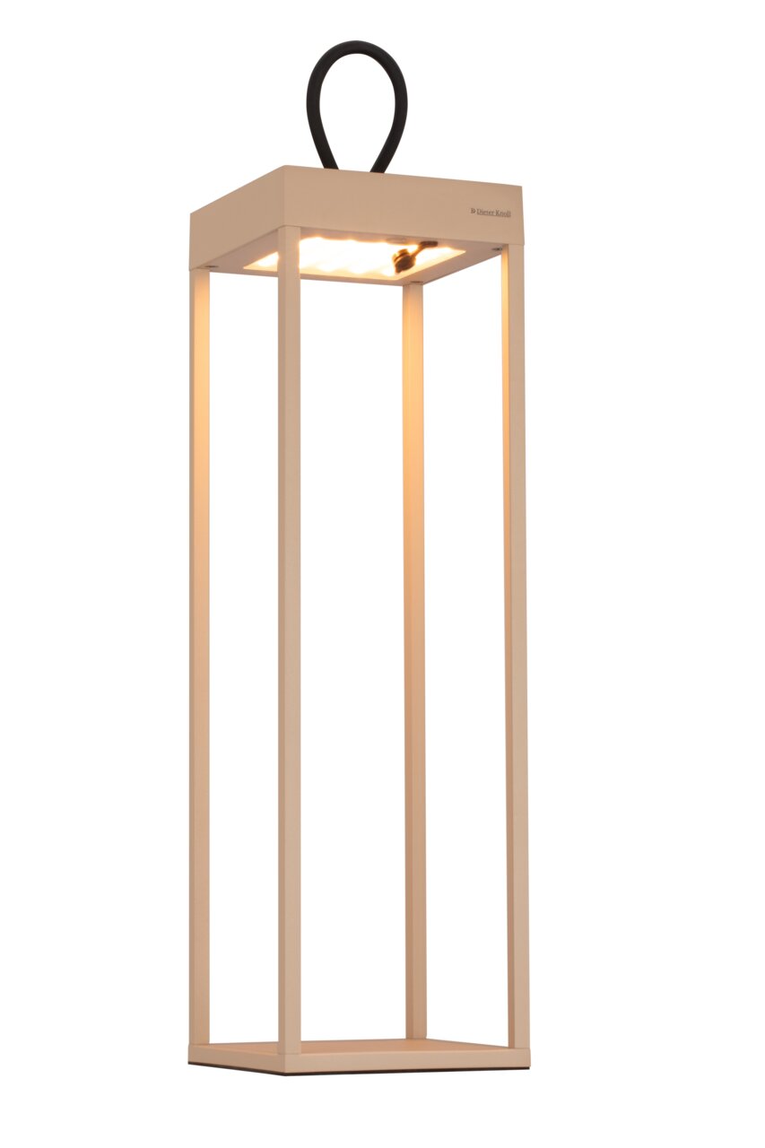 Moderne Akku-Tischleuchte von Dieter Knoll in rechteckiger Form mit warmem Licht, seitliche Perspektive.