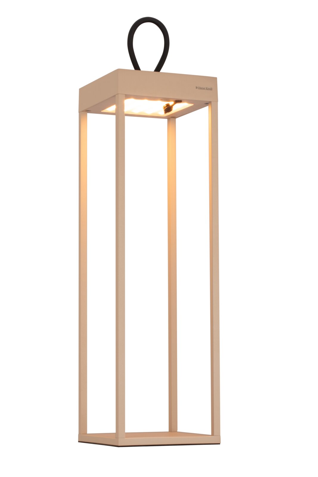 Moderne Akku-Tischleuchte von Dieter Knoll in rechteckiger Form mit warmem Licht, seitliche Perspektive.
