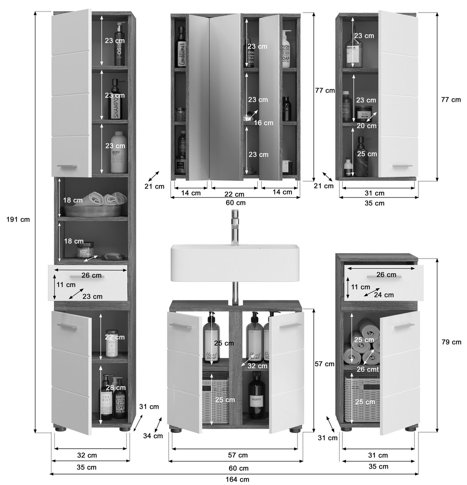 Badkombination mit mehreren Schränken und Waschbecken, Frontansicht. Enthält hohe und niedrige Schränke mit weißen Türen und offenen Regalen, ideal zur Aufbewahrung von Badezimmerartikeln.