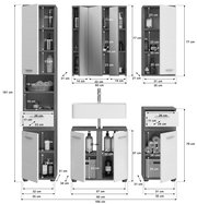 Badkombination mit mehreren Schränken und Waschbecken, Frontansicht. Enthält hohe und niedrige Schränke mit weißen Türen und offenen Regalen, ideal zur Aufbewahrung von Badezimmerartikeln.