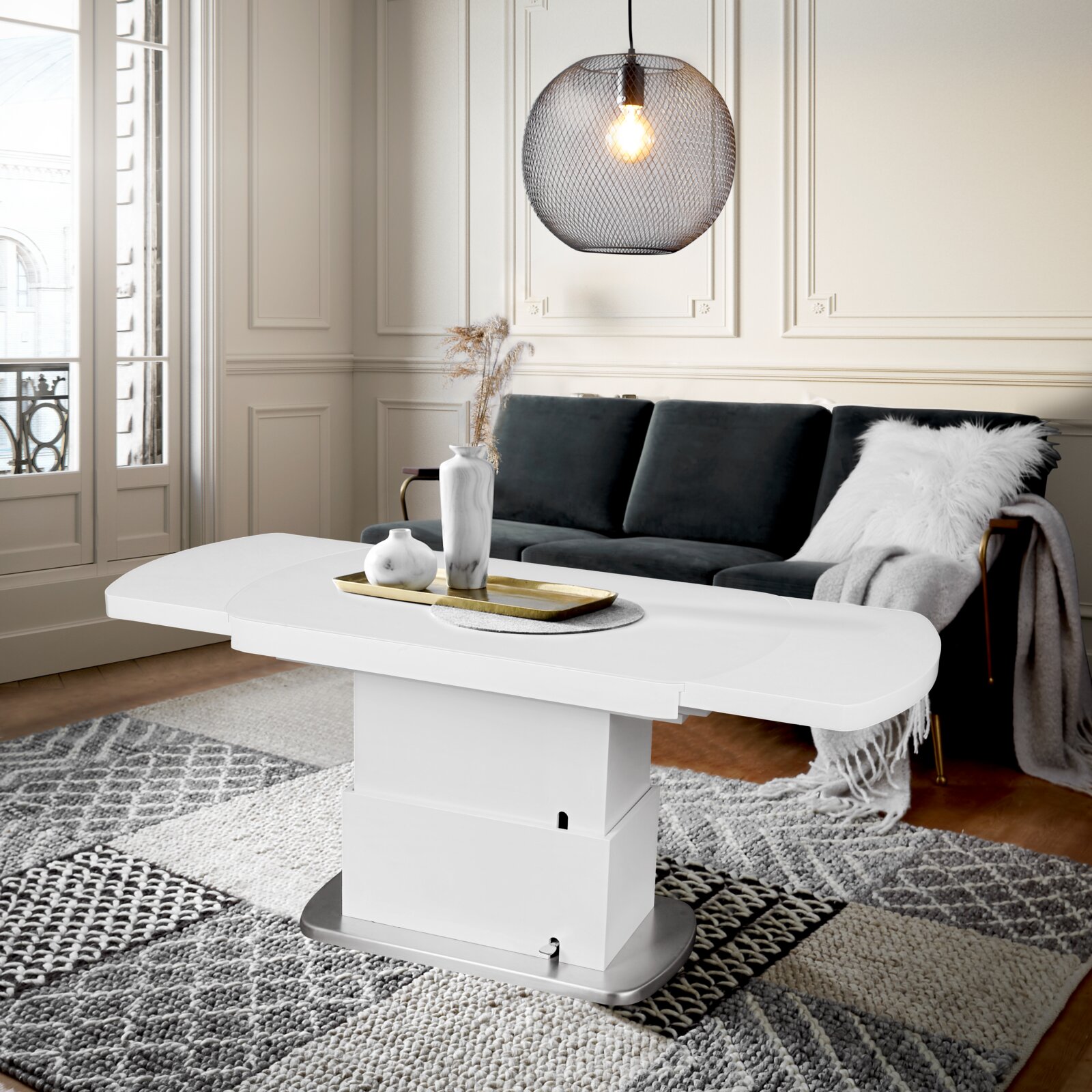 Venda Salontafel FARO Moderner weißer Couchtisch in einem stilvollen Wohnzimmer, seitliche Perspektive.