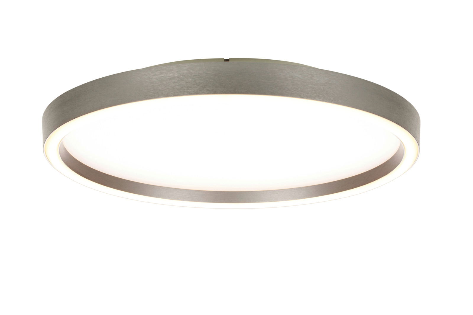 Moderne LED-Deckenleuchte in seitlicher Perspektive mit rundem, flachem Design und silbernem Rahmen.