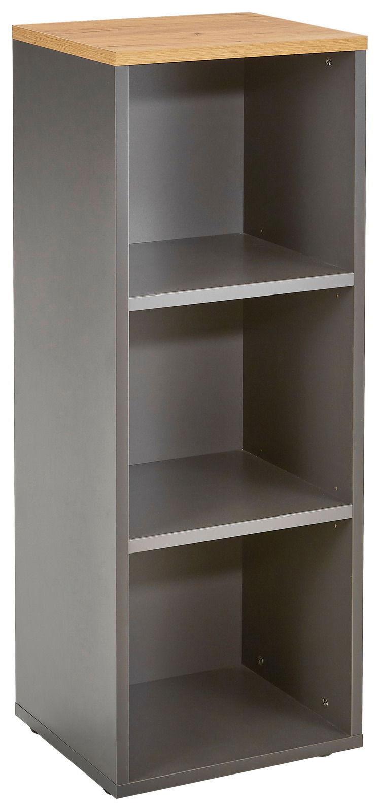 Novel Aktenregal 3OH schmal RENTON Schmales Aktenregal mit drei offenen Fächern und einer Holzoberfläche, seitliche Perspektive.