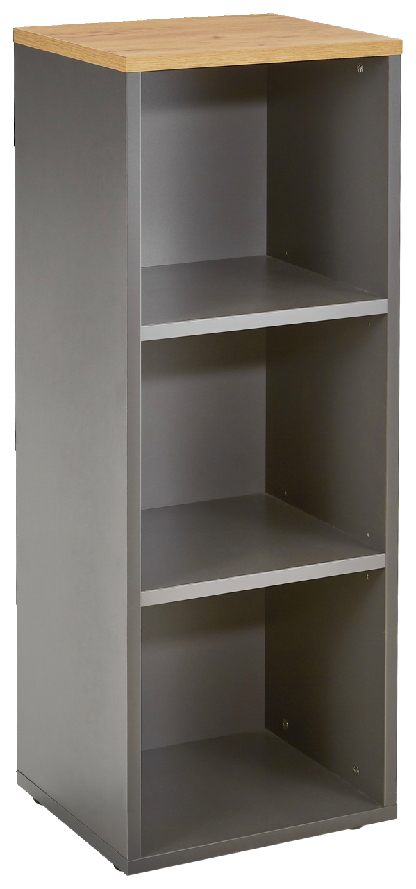 Novel Aktenregal 3OH schmal RENTON Schmales Aktenregal mit drei offenen Fächern und einer Holzoberfläche, seitliche Perspektive.