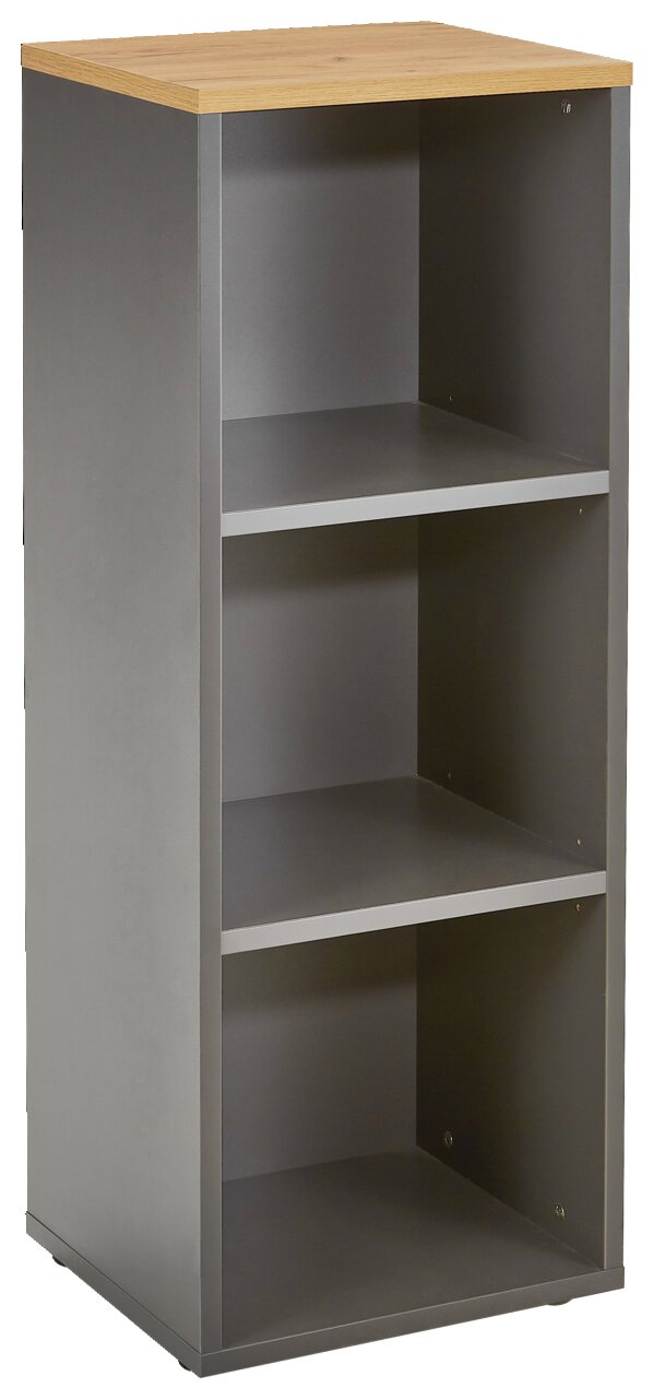 Novel Aktenregal 3OH schmal RENTON Schmales Aktenregal mit drei offenen Fächern und einer Holzoberfläche, seitliche Perspektive.