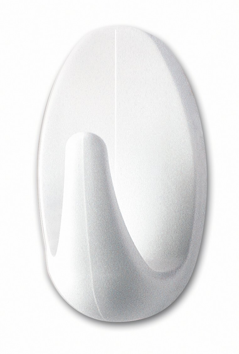 Weißer, ovaler Wandhaken aus Kunststoff, frontal abgebildet.