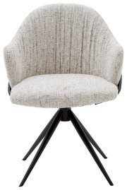 Moderner Armlehnstuhl mit hellgrauem Stoffbezug und schwarzen Metallbeinen, Frontalansicht