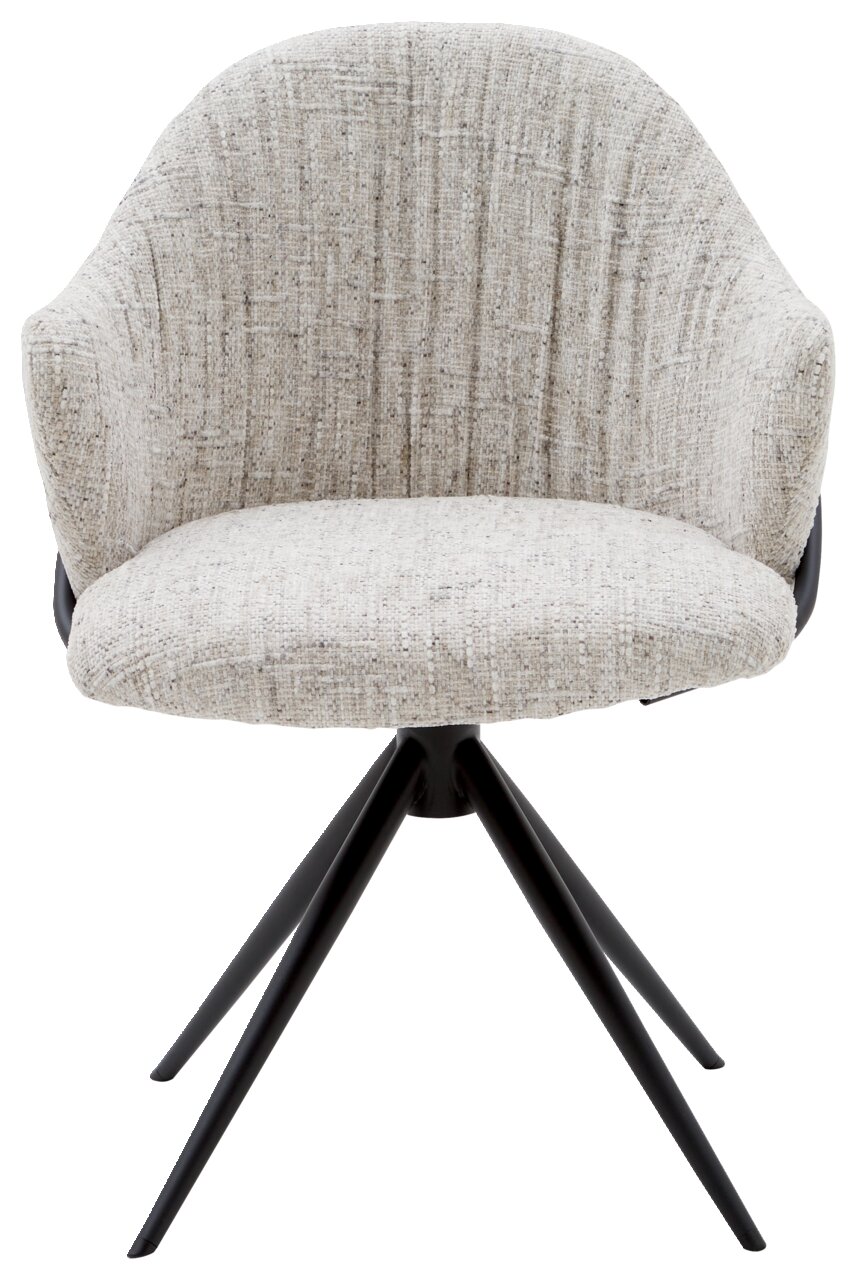 Moderner Armlehnstuhl mit hellgrauem Stoffbezug und schwarzen Metallbeinen, Frontalansicht