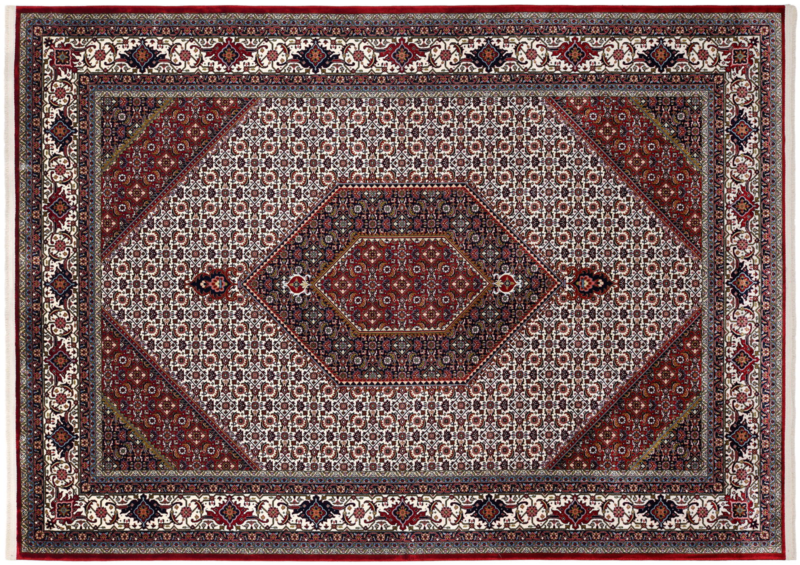 Orientteppich mit komplexem geometrischem Muster in Rot- und Beigetönen, Draufsicht