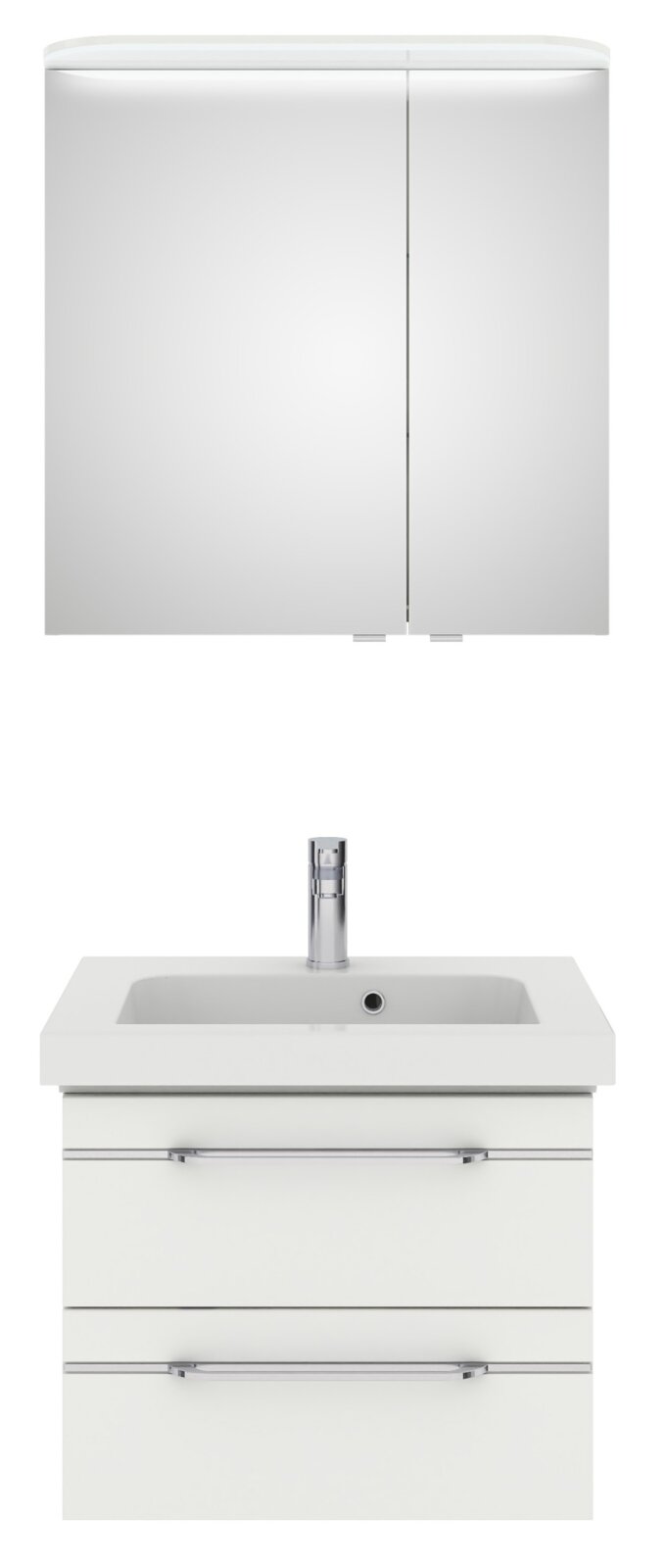 Pelipal Badblock BALTO SPRINT Frontale Ansicht eines modernen Badblocks mit Spiegelschrank und Waschbecken, ausgestattet mit zwei Schubladen und einem Wasserhahn.