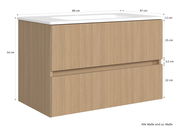 Waschtisch-Set aus Holz mit zwei Schubladen, Maße: 80 cm Breite, 47 cm Tiefe, 54 cm Höhe, seitliche Perspektive