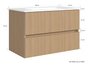 Waschtisch-Set aus Holz mit zwei Schubladen, Maße: 80 cm Breite, 47 cm Tiefe, 54 cm Höhe, seitliche Perspektive