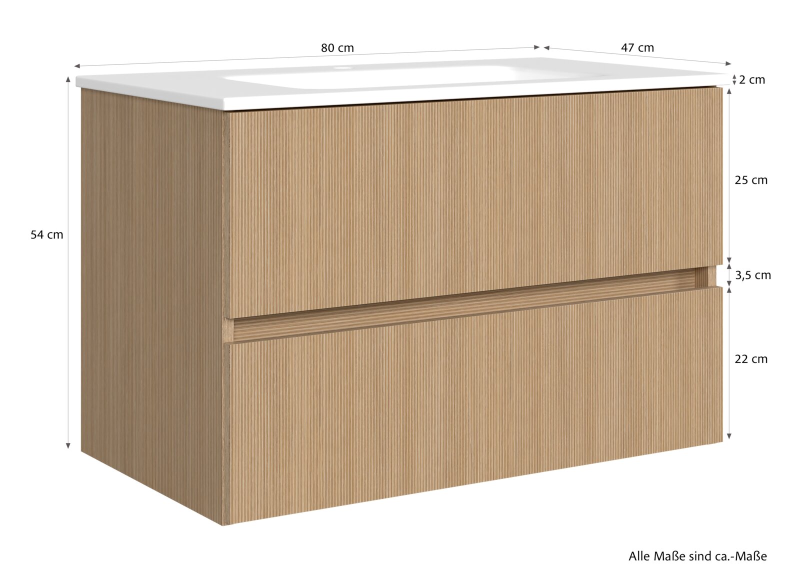 Houten wastafelmeubel met twee lades, afmetingen: 80 cm breed, 47 cm diep, 54 cm hoog, zijaanzicht