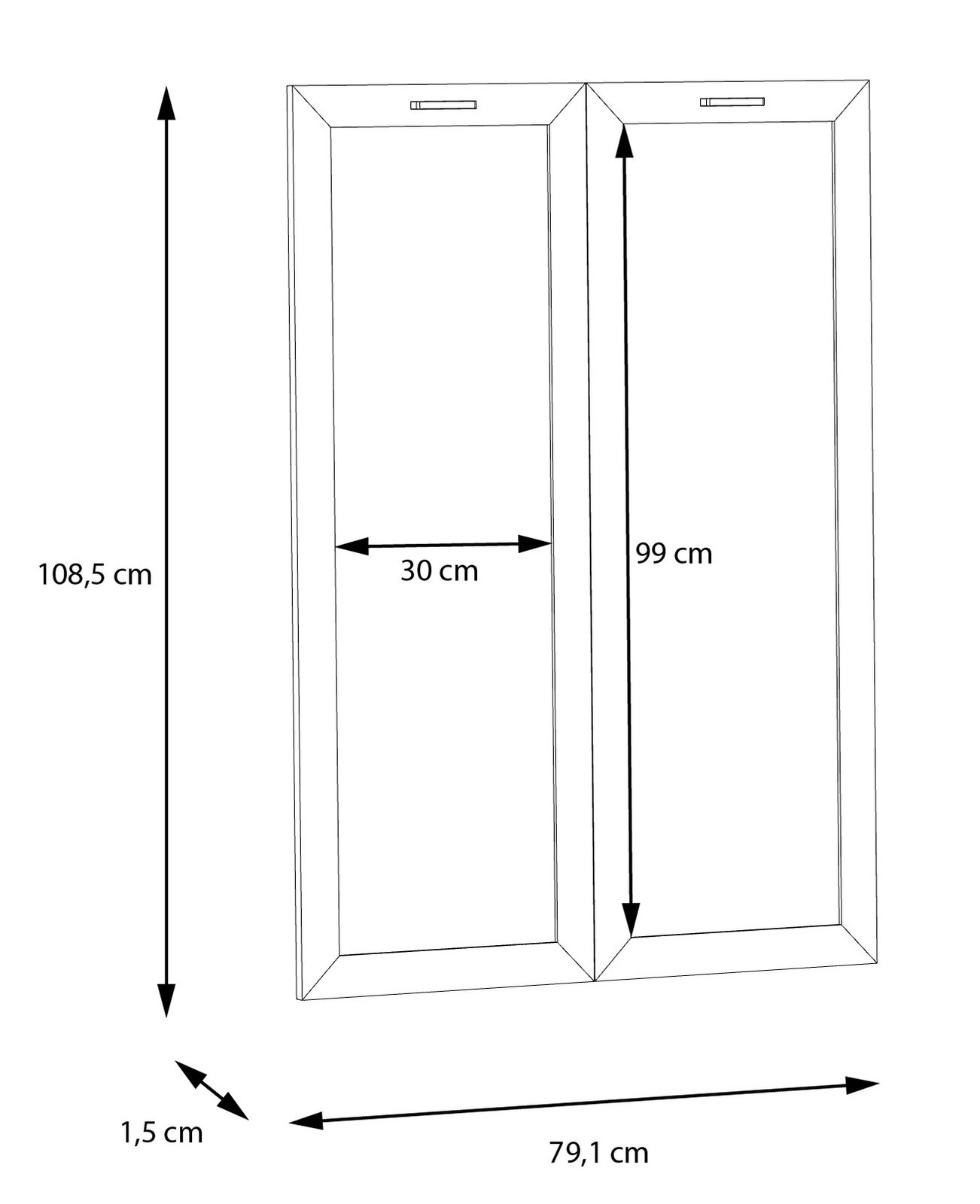 Zeichnung eines Glas-Türensets mit den Maßen 108,5 cm Höhe, 79,1 cm Breite und 1,5 cm Tiefe. Die Perspektive zeigt die Türen von vorne.