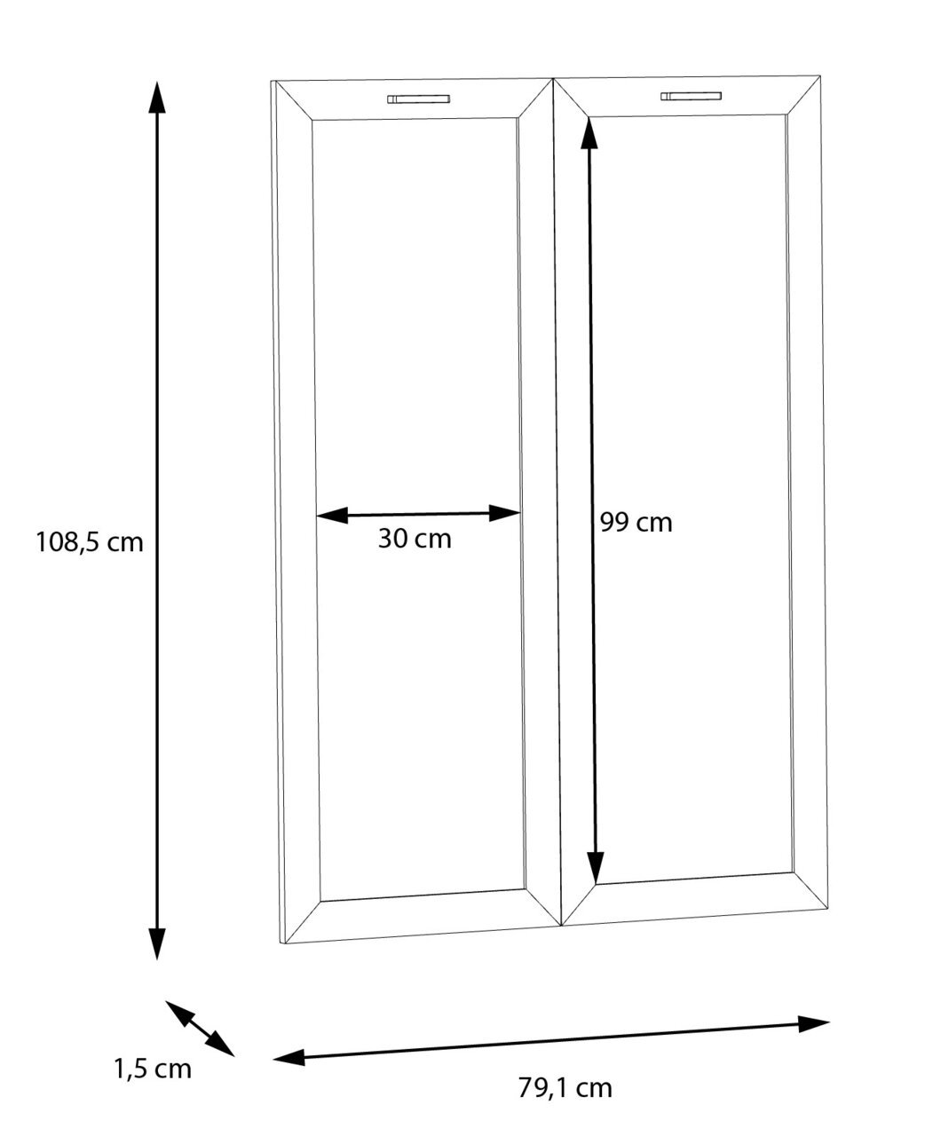 Zeichnung eines Glas-Türensets mit den Maßen 108,5 cm Höhe, 79,1 cm Breite und 1,5 cm Tiefe. Die Perspektive zeigt die Türen von vorne.