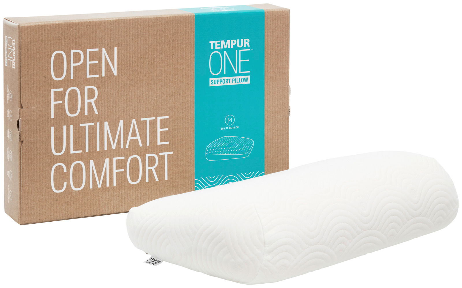 Seitliche Ansicht eines weißen Schlafkissens mit wellenförmigem Muster, neben einer braunen Verpackung mit der Aufschrift 'Open for Ultimate Comfort' und 'Tempur One Support Pillow'.