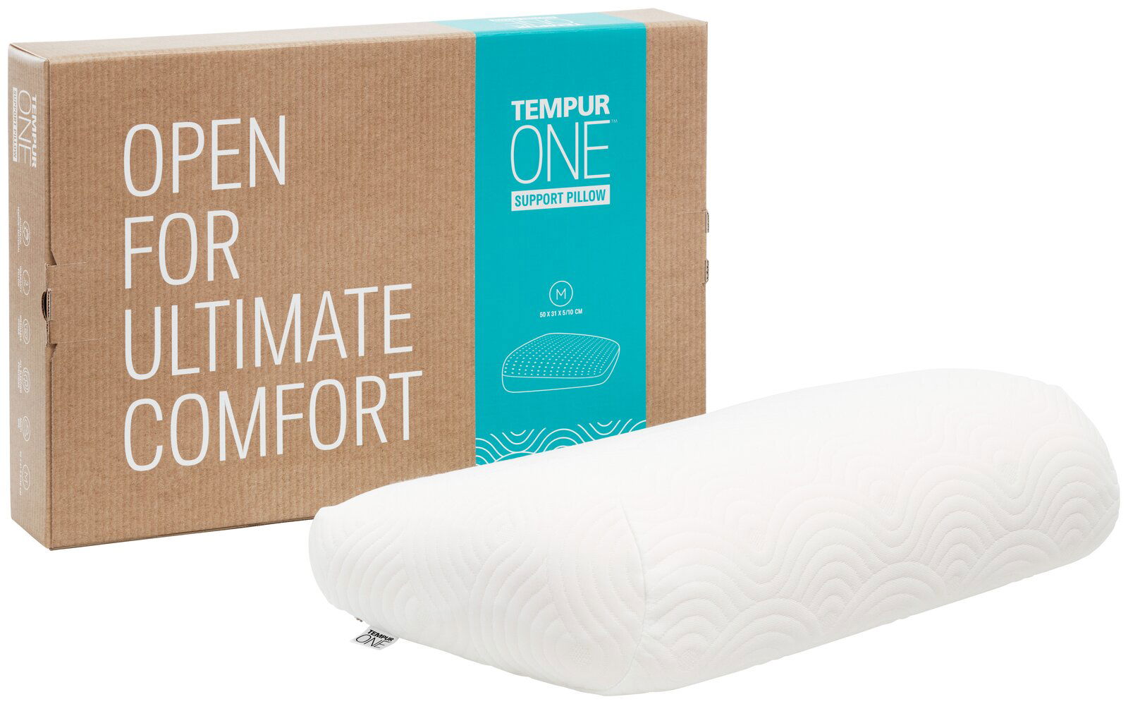 Seitliche Ansicht eines weißen Schlafkissens mit wellenförmigem Muster, neben einer braunen Verpackung mit der Aufschrift 'Open for Ultimate Comfort' und 'Tempur One Support Pillow'.