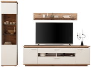 Moderne Wandkombination mit TV-Schrank, Regal und Vitrine in Holzoptik, frontal betrachtet.