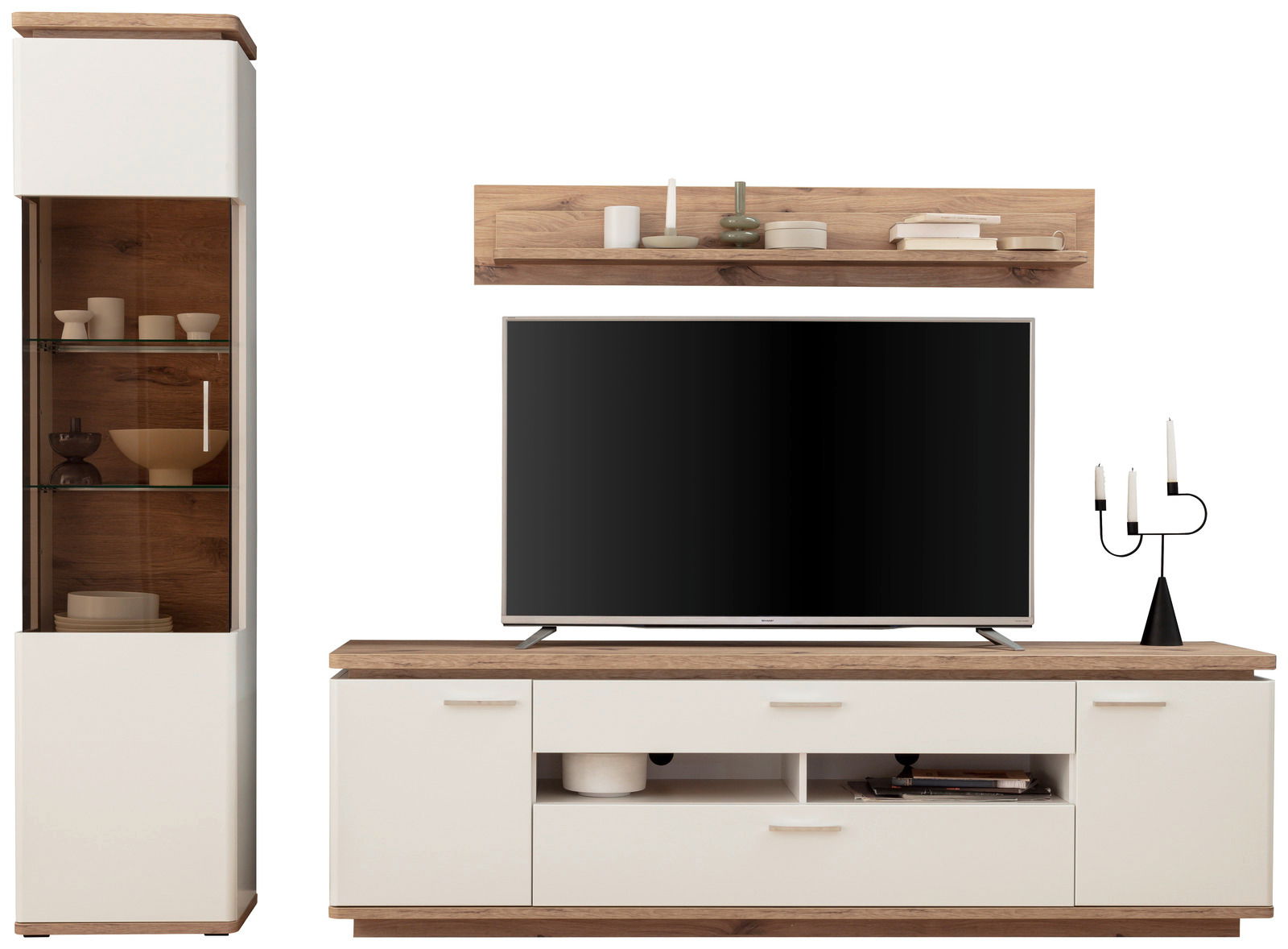 Moderne Wandkombination mit TV-Schrank, Regal und Vitrine in Holzoptik, frontal betrachtet.