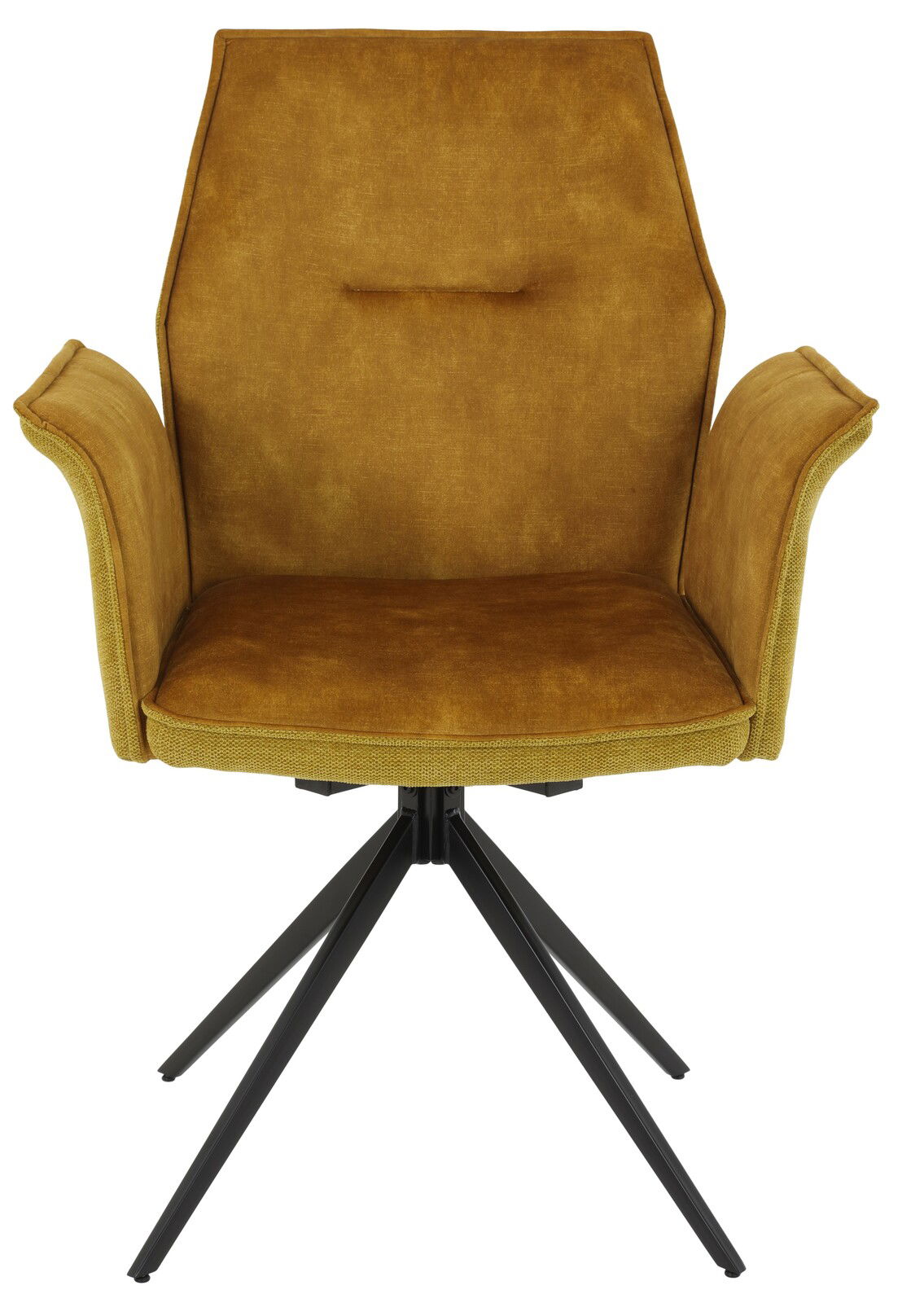 Vorderansicht eines braunen Armlehnstuhls mit schwarzem Metallgestell und gepolsterten Armlehnen.