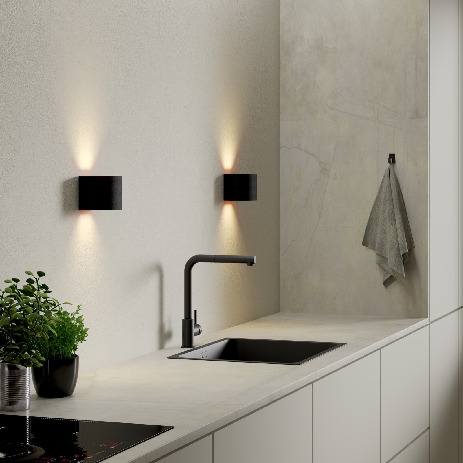 Novel Wandleuchte WANDLEUCHTE Moderne schwarze Wandleuchten in rechteckiger Form mit Up-&-Down-Light über einer Küchenarbeitsplatte mit schwarzer Armatur und Spüle, Perspektive: leicht seitliche Frontansicht.