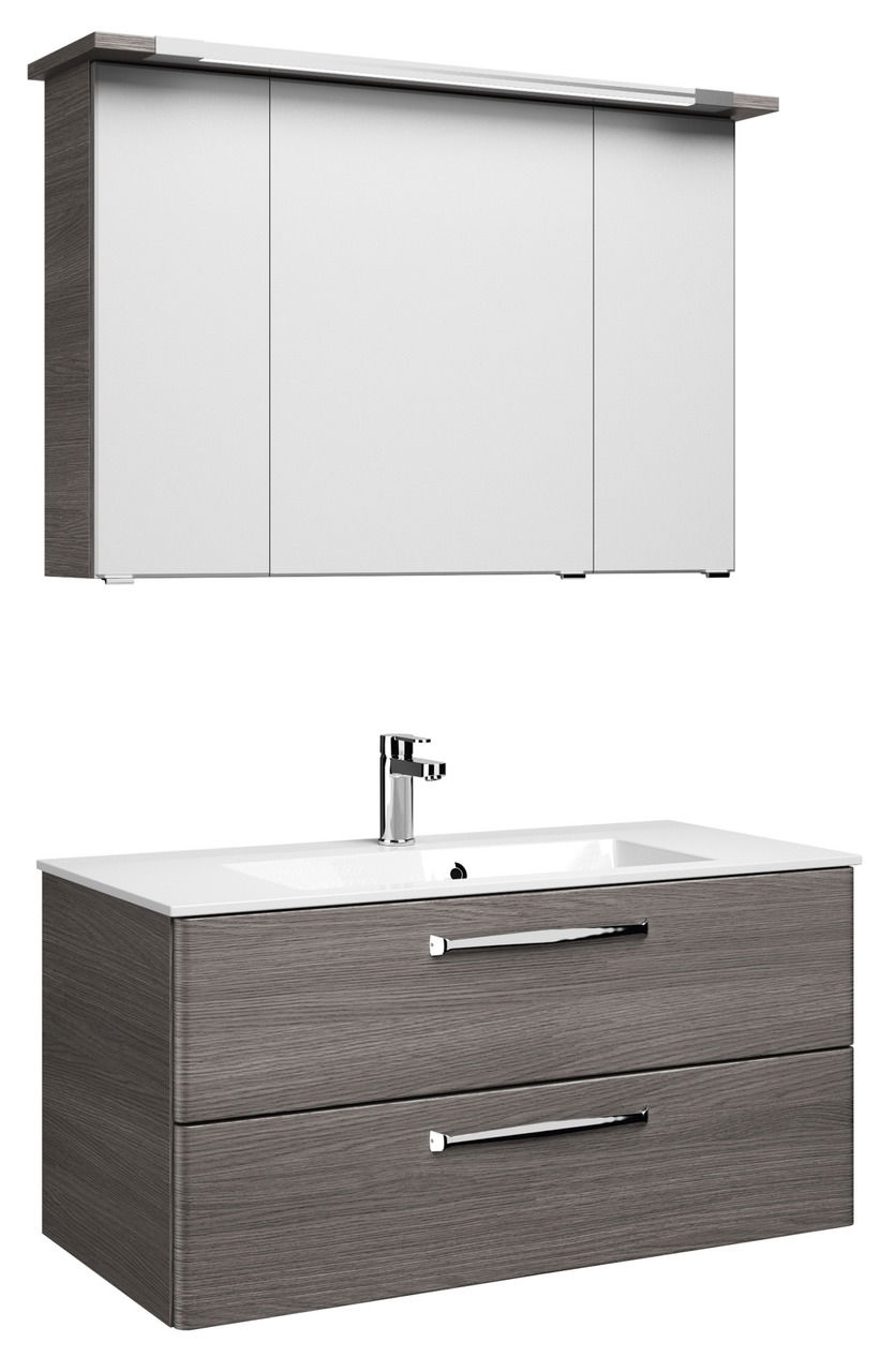 Moderner Badblock mit weißem Spiegelschrank und grauem Waschtisch, Frontansicht