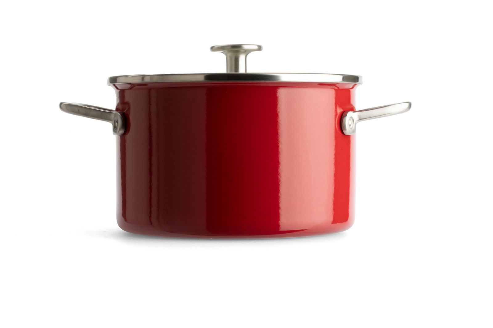 Roter Kochtopf mit Deckel und seitlichen Griffen, Frontalansicht