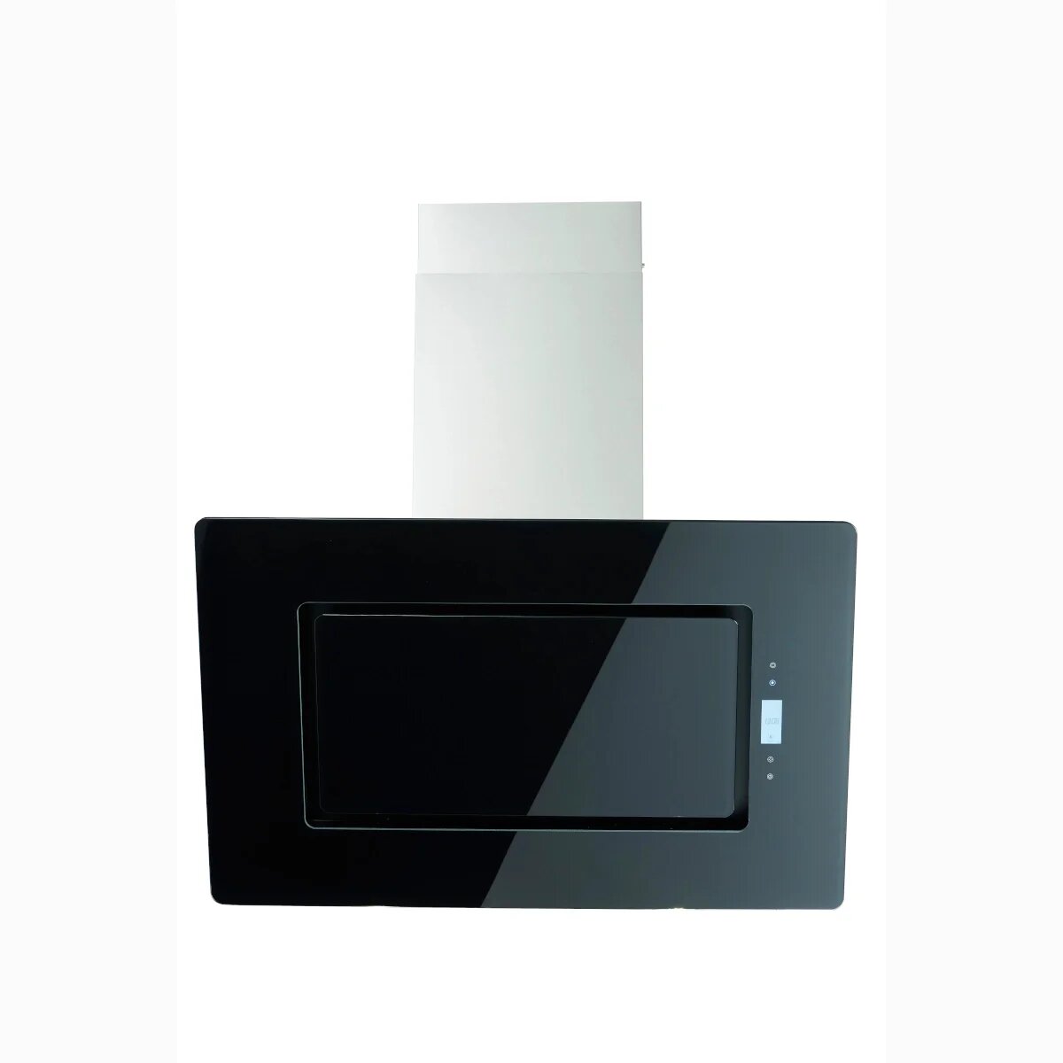Schwarze Wand-Dunstabzugshaube mit Glasfront und Touch-Bedienfeld, frontal von vorne auf weißem Hintergrund abgebildet.