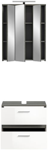 Badezimmerschrank-Kombination mit Beleuchtung, bestehend aus einem Spiegelschrank mit offenen und geschlossenen Fächern sowie einem Unterschrank mit zwei Schubladen, Frontalansicht.