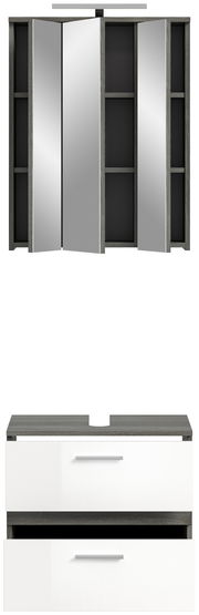 Badezimmerschrank-Kombination mit Beleuchtung, bestehend aus einem Spiegelschrank mit offenen und geschlossenen Fächern sowie einem Unterschrank mit zwei Schubladen, Frontalansicht.