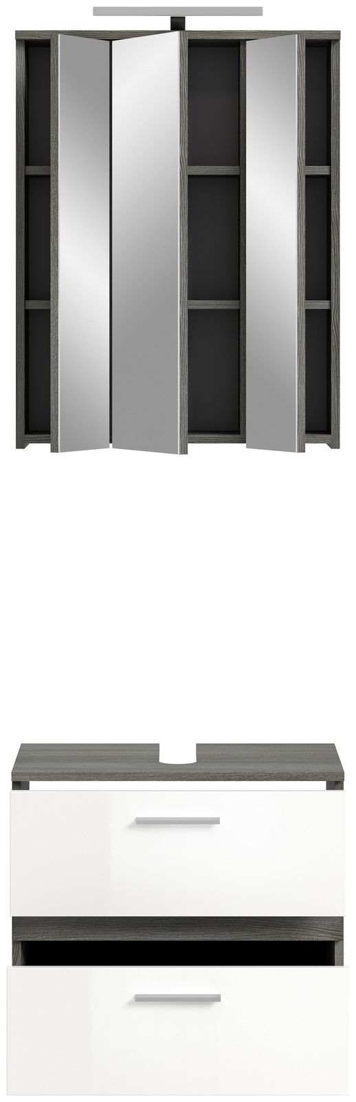 Badezimmerschrank-Kombination mit Beleuchtung, bestehend aus einem Spiegelschrank mit offenen und geschlossenen Fächern sowie einem Unterschrank mit zwei Schubladen, Frontalansicht.