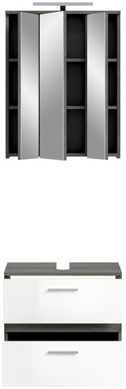 Badezimmerschrank-Kombination mit Beleuchtung, bestehend aus einem Spiegelschrank mit offenen und geschlossenen Fächern sowie einem Unterschrank mit zwei Schubladen, Frontalansicht.