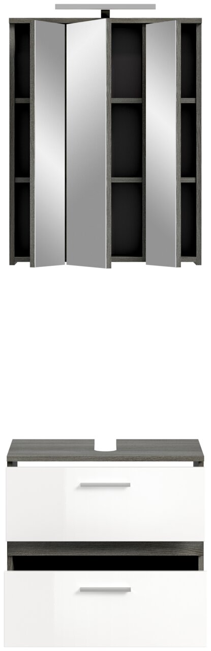 Badezimmerschrank-Kombination mit Beleuchtung, bestehend aus einem Spiegelschrank mit offenen und geschlossenen Fächern sowie einem Unterschrank mit zwei Schubladen, Frontalansicht.