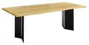 Moderne eettafel met houten blad en zwarte metalen poten, zijaanzicht