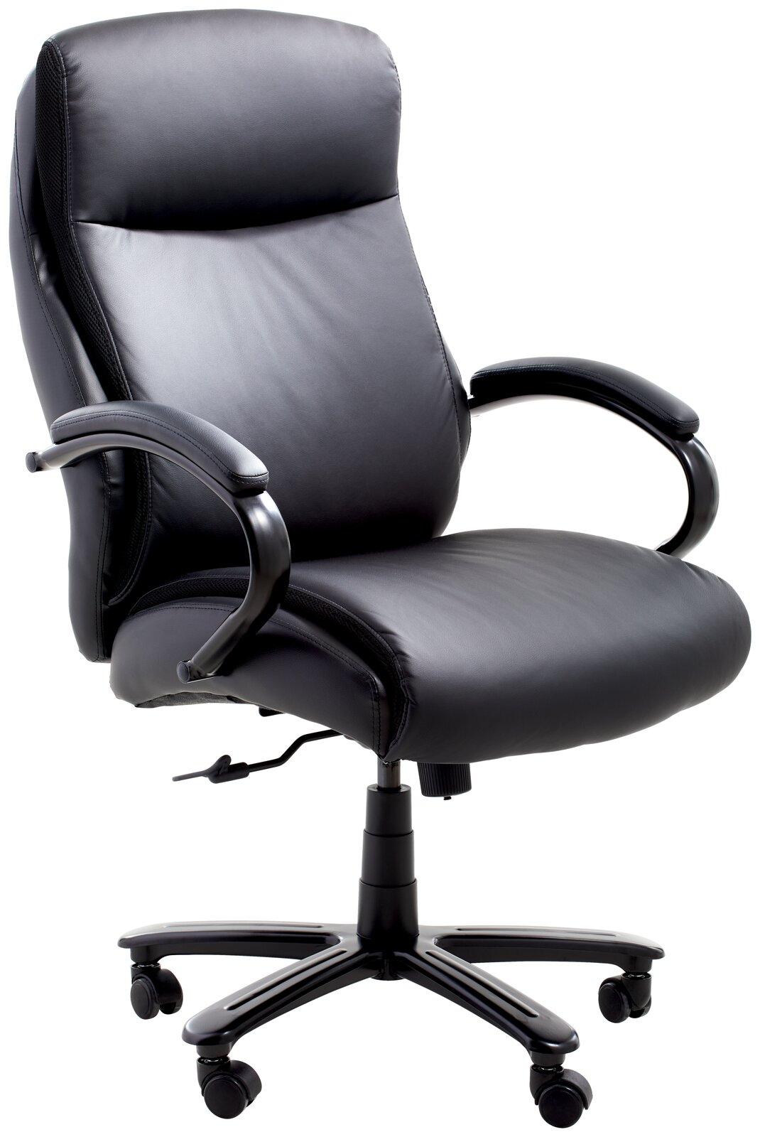 Schwarzer Chefsessel aus Leder mit Armlehnen und Rollen, seitliche Perspektive