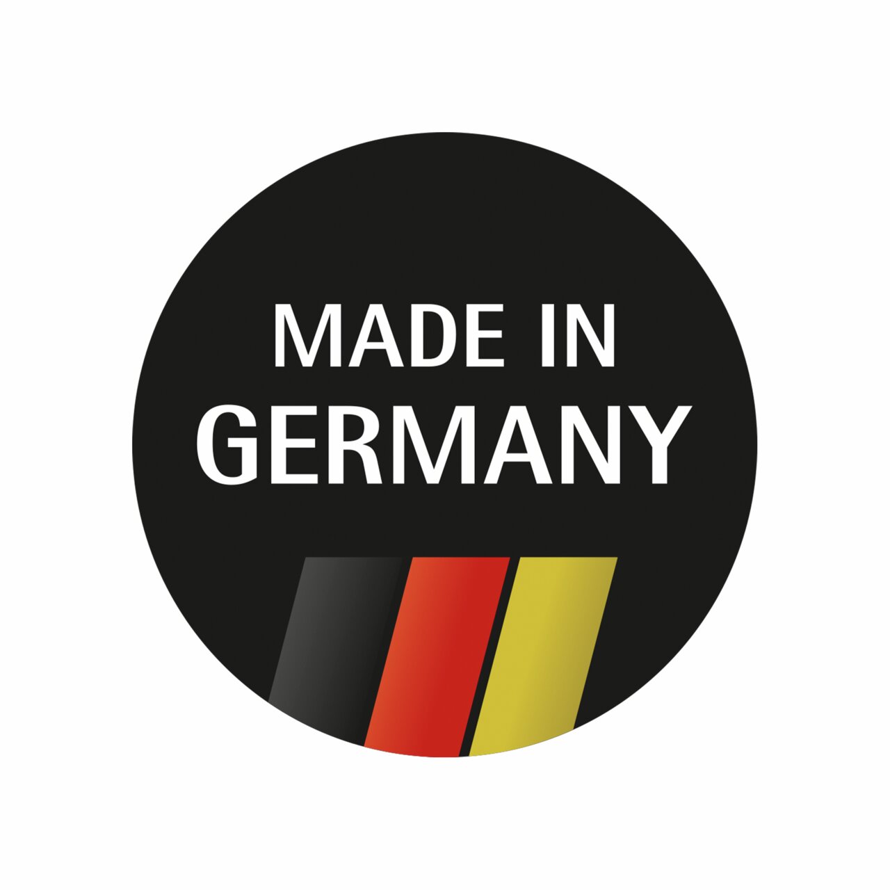 Rundes Logo mit der Aufschrift 'Made in Germany' und den Farben der deutschen Flagge, von vorne betrachtet.