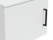 Weißer Aufsatzschrank mit schwarzem Griff, seitliche Perspektive