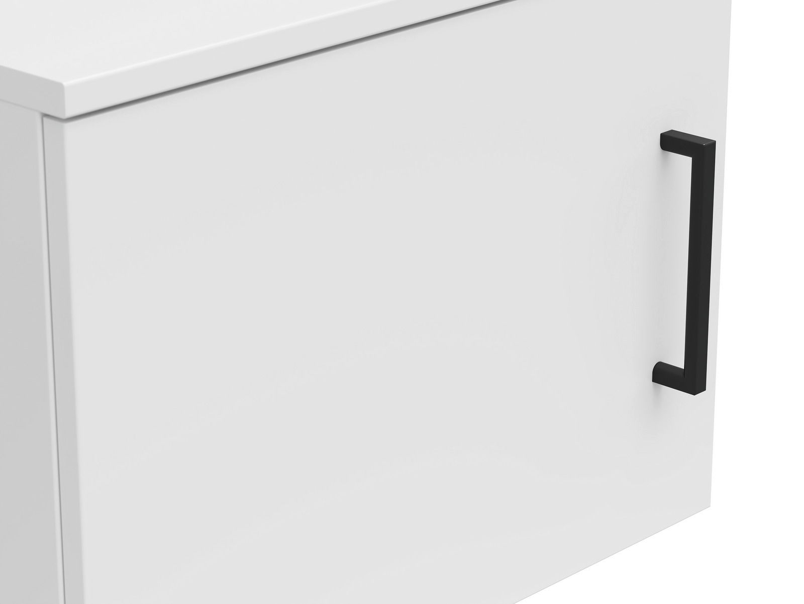 Weißer Aufsatzschrank mit schwarzem Griff, seitliche Perspektive