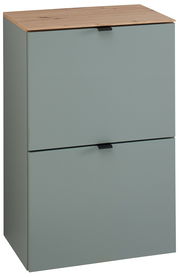 Moderner, schmaler Hängeschuhschrank in Grau mit zwei Klappen und einer Holzoberfläche, seitliche Perspektive.