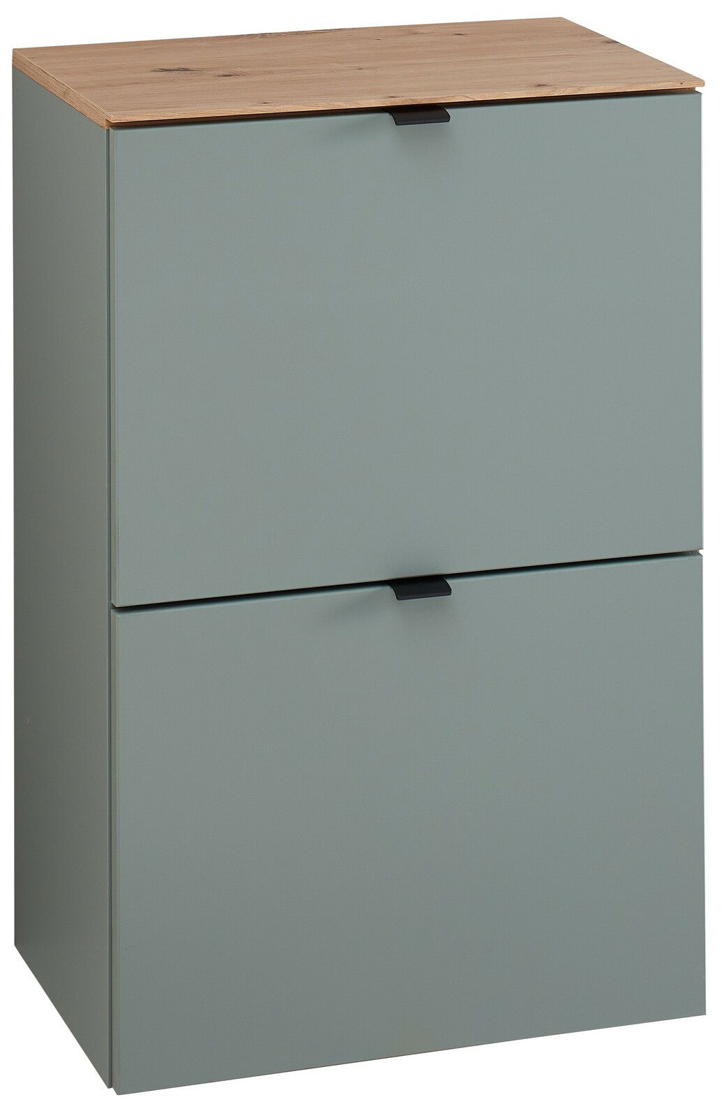 Voleo Hänge-Schuhschrank schmal DIANA Moderner, schmaler Hängeschuhschrank in Grau mit zwei Klappen und einer Holzoberfläche, seitliche Perspektive.