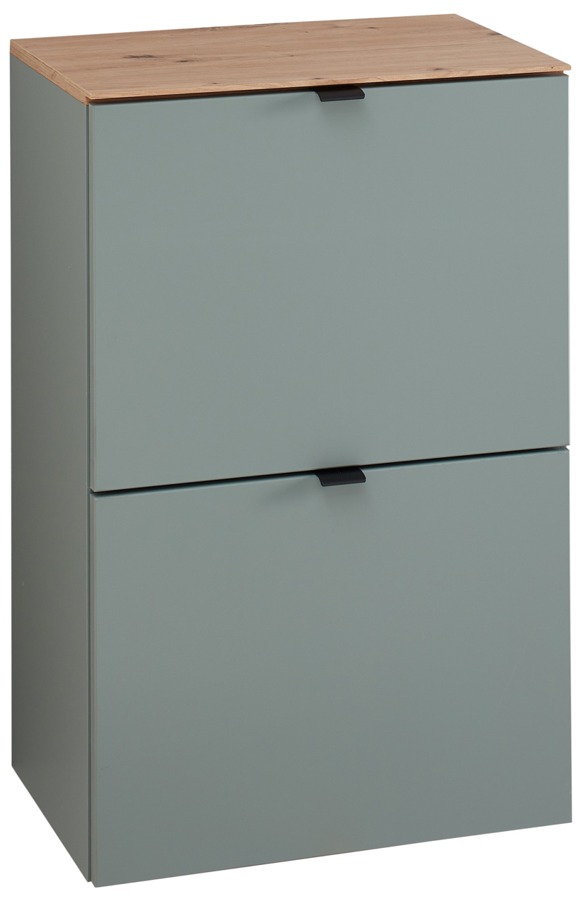 Moderner, schmaler Hängeschuhschrank in Grau mit zwei Klappen und einer Holzoberfläche, seitliche Perspektive.