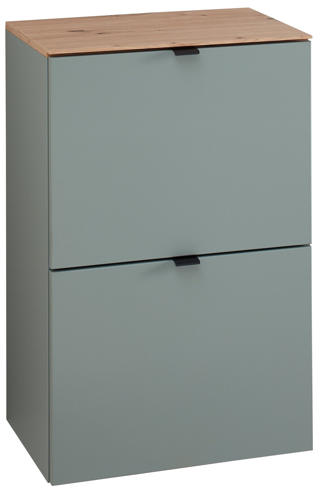 Voleo Hänge-Schuhschrank schmal DIANA Moderner, schmaler Hängeschuhschrank in Grau mit zwei Klappen und einer Holzoberfläche, seitliche Perspektive.