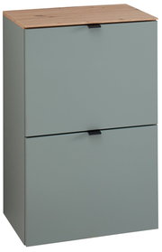 Moderner, schmaler Hängeschuhschrank in Grau mit zwei Klappen und einer Holzoberfläche, seitliche Perspektive.