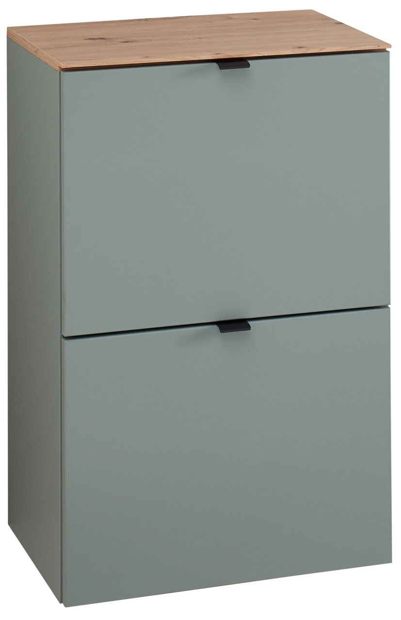 Moderner, schmaler Hängeschuhschrank in Grau mit zwei Klappen und einer Holzoberfläche, seitliche Perspektive.