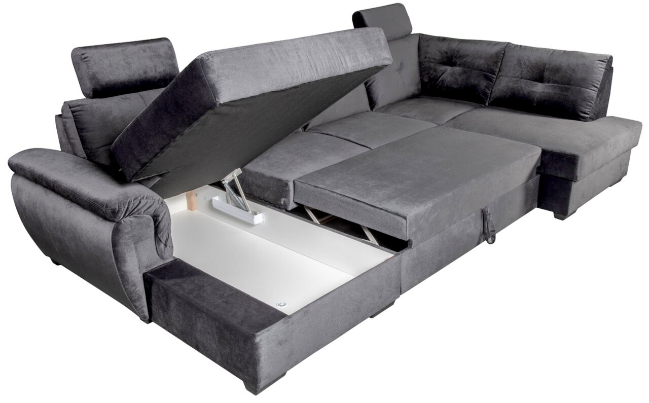 Graues Ecksofa mit Stauraum, teilweise geöffnet, Perspektive von oben.